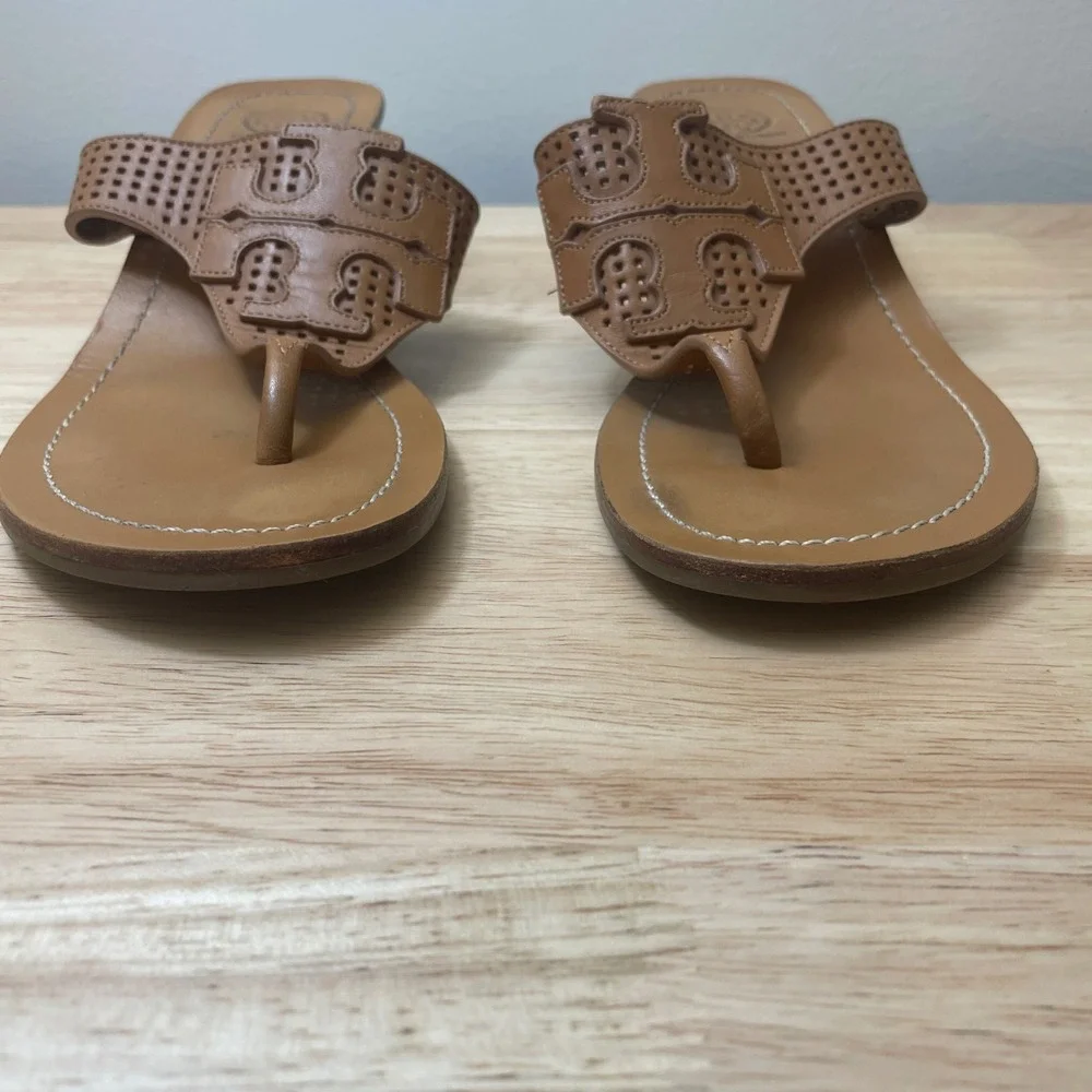 Tory Burch Tan Leather‎ Laser Cut Logo Thong Wedge Sandals Women's